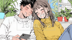 幸せそうに一緒にスマホを見る若いカップル｜4756970-16925