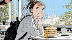 早朝のダイナー（喫茶店）でパンケーキ（モーニングセット）を食べる若い女性｜4643388-15618