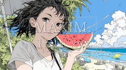 スイカを海辺て食べている若い女性 | 4720823-9885