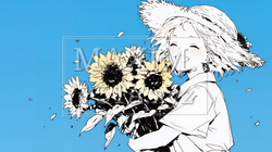 ひまわりと女性（シンプルな色使い）