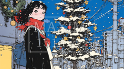 ホワイトクリスマスの街を歩く若い女性