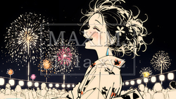 打ち上げ花火を見ている浴衣を着た若い女性（シンプルな色使い） | 4743202-10794