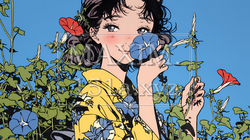 アサガオと浴衣姿の若い女性 | 474331-9728