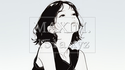 ぼんやり空を見上げている若い女性（シンプルな色使い）