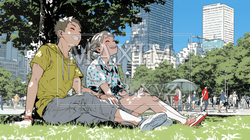新緑の芝生が広がる都会の公園でくつろぐ若い男女 | 4756970-16925