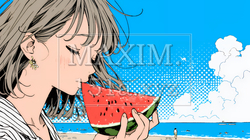 スイカを海辺て食べている若い女性 | 4759377-9892