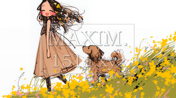 愛犬と散歩をしている女の子（クレヨン＋水彩画風）｜4614516-9118