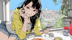 食事の最中もスマホを手放せない若い女性