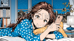 ベッドに横になってスマートフォンをいじくっている若い女性 | 4766721-7248