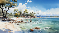 夏の離島の海岸風景：水彩画