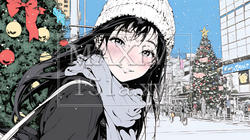 ホワイトクリスマスの街を歩く若い女性