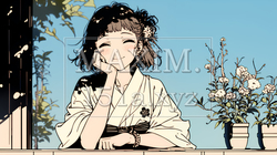 浴衣姿で夕涼みをしている若い女性（シンプルな色使い） | 4780454-16343