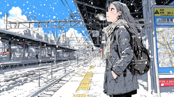 雪の降るホームで電車待ちをしている若い女性※：誤って夏空のため差し替え準備中