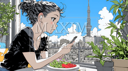 食事の最中もスマホを手放せない若い女性 | 4798886-12545