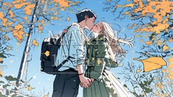 秋の紅葉の下でキスをしている若い恋人たち｜4808935-16560