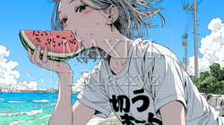 スイカを海辺て食べている若い女性 | 4810085-9884