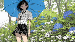 アジサイと梅雨の長雨と若い女性｜4830830-5516