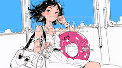 夏休みの思い出：友達と海水浴に行く（シンプルな色使い）
