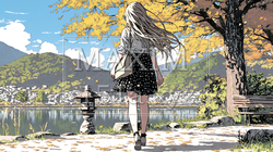 水辺の紅葉の小径を散策している若い女性｜4830127-7326