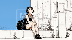 若い女性が佇む都市の街角（シンプルな色使い）｜5225890-10116