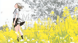 春風の中、菜の花畑にいる制服姿の女子高生 | 4840861-15353