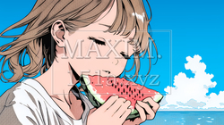 スイカを海辺て食べている若い女性 | 4840912-9895