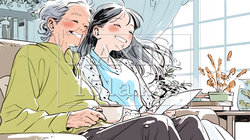 老人福祉施設でゆったりと過ごす老人と仲の良い介護士
