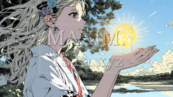 太陽を手のひらに乗せているように自撮りしている女性 | 4856498-12076