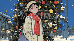ホワイトクリスマスの街を歩く若い女性