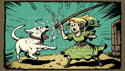 犬も歩けば棒に当たる：昔のかるた絵を現代風にアレンジ。ちょっと動物虐待だけど意味に忠実に。