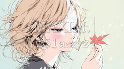 落ち葉をつまんで眺める若い女性｜秋を感じる女性のイラスト（パステル調）｜4800301-20495