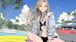 南国の海岸にビキニ姿でいる若い女性