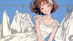 花嫁衣装の試着でウキウキしている若い女性