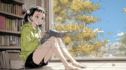 読書の秋：リビングルームで本を読んでいる若い女性