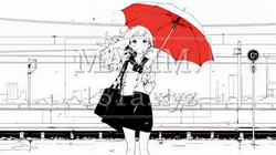 雨の日に傘をさして歩く若い女性（シンプルな色使い）