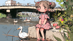 小学生の夏の思い出：川辺に遊びに行く（クレヨン＋水彩画風）