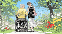 車椅子の歳をとった女性が若い女性に付き添われて公園を散歩している