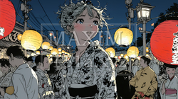縁日屋台が立ち並び、賑わいを見せる祭りの夜｜3755154-9836