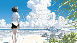 夏の海と入道雲と若い女性 | 4916738-10830