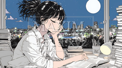 資料（本）を読みながら、うとうと眠ってしまう若い女性