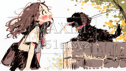 愛犬と散歩をしている女の子（クレヨン＋水彩画風）｜4874449-4189