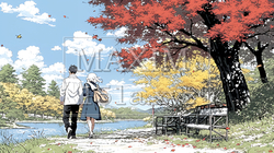 水辺の紅葉の小径でデートしている若いカップル