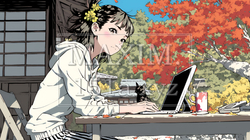 美しい紅葉の中でもPCを手放せない若い女性 | 4942577-6229
