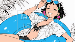 夏休みの思い出：友達と海水浴に行く（シンプルな色使い）