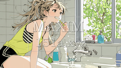 洗面所で朝の歯磨きをする若い女性 | 4949510-16900