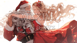 クリスマスにサンタクロースとダンスをしている女性