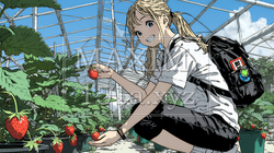 いちご狩りをしている若い女性