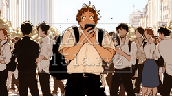 スマホの画面を見て驚いている若い男性（シンプルな色使い） | 4959855-11288