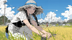 田んぼで農作業をしている女性 | 4967287-10568