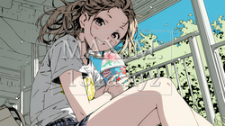 夏空の下でかき氷をたべる若い女性 | 4977438-9926